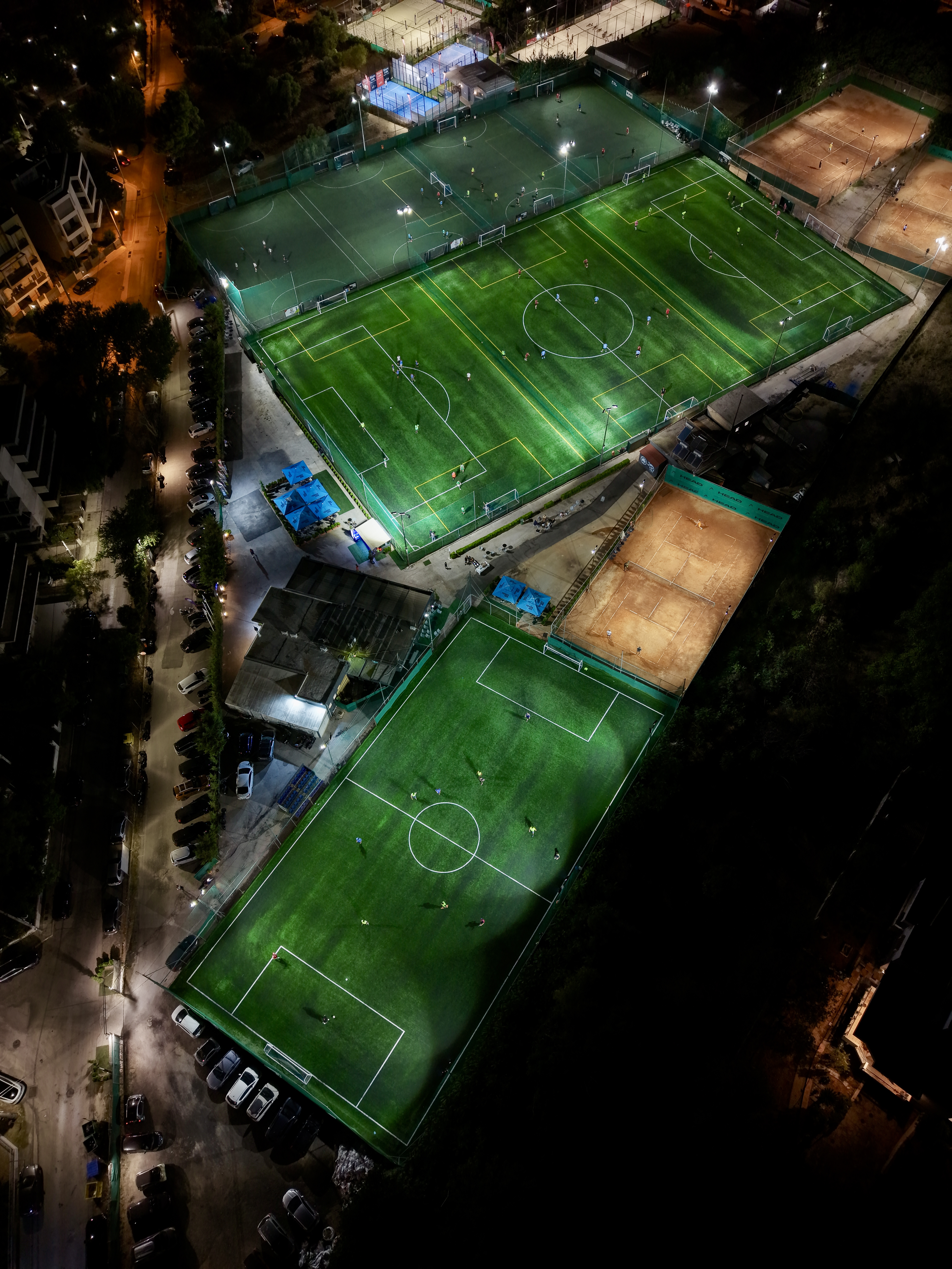 Aerial night view — pitches and surroundings